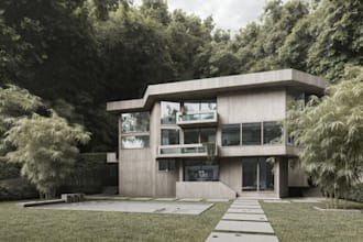 rebuild 3d modern cabin house, eco lodge retreat, cozy interior, log wood design