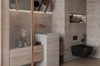 design a modern, luxury bathroom interior with products, realistic 3d render