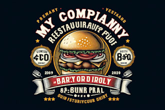 design premium vintage restaurant, food, BBQ, burger or grill logo t shirt desi