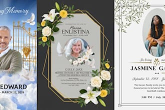 design funeral, obituary, tribute, remembrance program, event, and church flyer