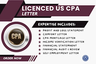 write US CPA letter, income verification letter, mortgage letter, comfort letter