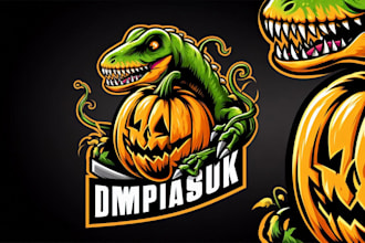 create a cute or fierce dinosaur pumpkin mascot logo with t shirt design