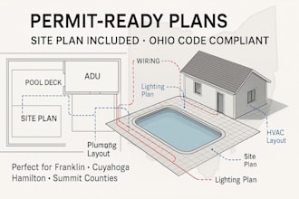 draw permit ready ohio site pool, deck, adu wiring mep layout home plans