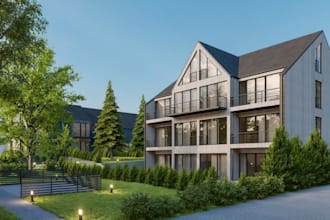 redesign house with pond,facade,balcony rendering,garage model,revit bim,2d plan