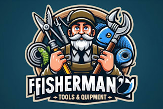 design fisherman, tools, equipment mascot logo with creative concepts
