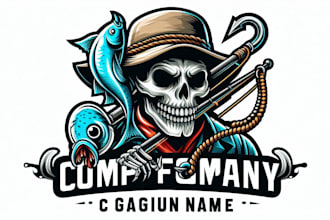 do skull fisherman hook  fishing art mascot logo design for any of your business