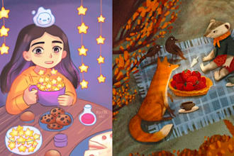 create whimsical and charming illustrations for storybooks, posters and children