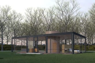 design glass house interior and exterior, farm house rendering, landscape design