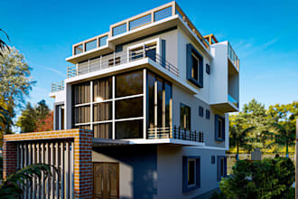 render 3d triplex building,exterior design,flat roof,brick facade,vray driveway