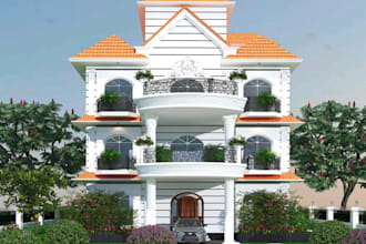 revit3d duplex building,exterior elevation design,white facade,tiled roof render