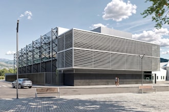 design industry building exterior,steel glass facade render,high tech warehouse