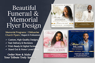 design funeral flyers, memorial programs, obituary and church flyers