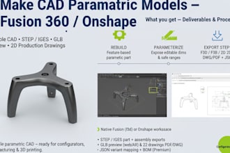 make cad parametric model fusion 360 or onshape step, glb, 2d production drawing