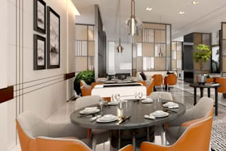 do 3d restaurant interior design, coffee shop, bar, cafe, ghost kitchens layout