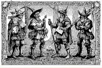 create your dnd character or party in the manner of linocut