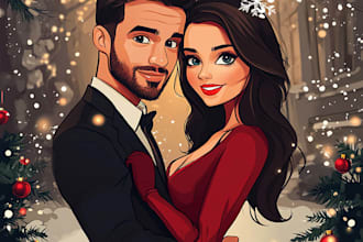 draw cute couple in santa outfits cartoon style