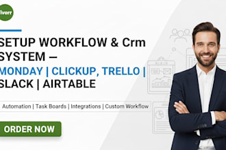 setup project management workflows in monday, clickup, trello, slack, airtable