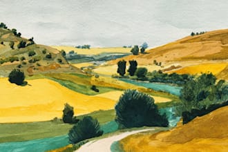 paint a watercolor and gouache landscape illustration