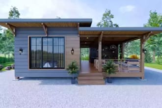 renovate 3d tiny farm house,wooden panel facade rendering,bedroom setup,lanscape