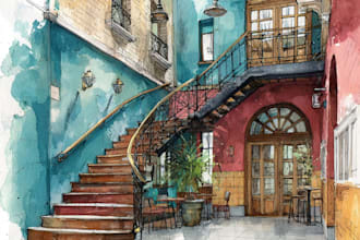 do watercolor style architectural or interior illustration