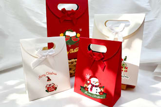 design printable or physical holiday, christmas gift bags with custom graphics
