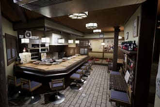render 3d sushi bar, ramen, asian food japanese restaurant, cafe, bar, spa