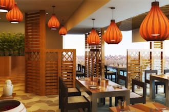 model and render 3d restaurant, rooftop, food court, ramen, japanese, sushi bar