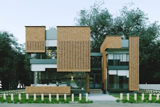 3d architecture, modular apartment, brick house, site plan, multi zone building