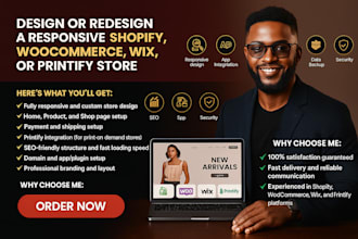 design redesign responsive shopify woocommerce wix printify  website store