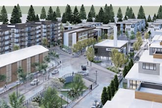 revamp 3d urban build,multi story exterior,facade design,paved street render,skp