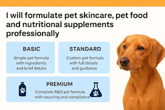 formulate pet skin care, custom pet food supplement and a nutrition recipes