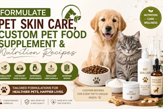 formulate pet skin care, custom pet food supplement and a nutrition recipes