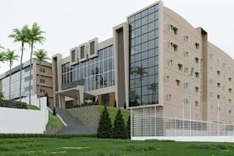 remodel institutional complex,building exterior rendering,glass facade,landscape