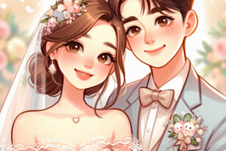 cute couple and wedding portrait illustration