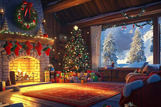 redesign 3d christmas house interior,themed room,xmas party decor,3ds max render