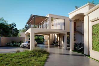 redesign 3d villa exterior, house entrance, facade design, cgi garden rendering