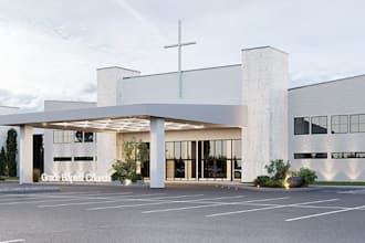 redesign 3d cgi church exterior,conference hall,auditorium interior,party render