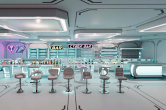 model 3d cyber bar, bar interior layout, neonsigns, sci fi quart, cargo bay, skp