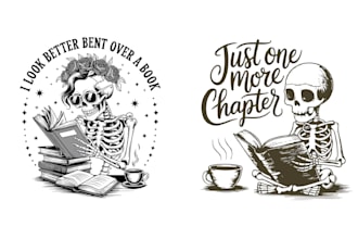 design custom skeleton reading a book and coffee shop logo