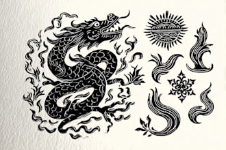 draw a custom linocut style flash tattoo design