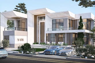 revamp 3d modern private villa, facade exterior,shaded roof,glass balcony render