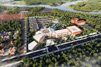 remodel 3d college institution, campus building,landscape farmland,aerial render