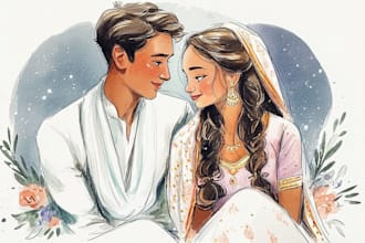 draw watercolor young couple portrait