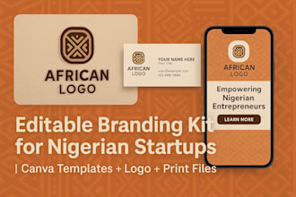 african startup brand kit, editable logo, card and canva templates