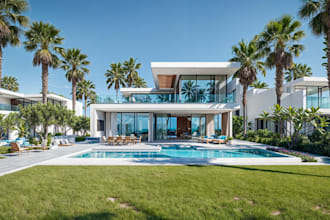 recreate 3d realistic villa resort,terrace building,rooftop exterior,pool render