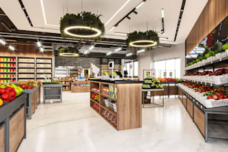 remodel3d grocery store,bakery interior render,supermarket design,cgi front shop