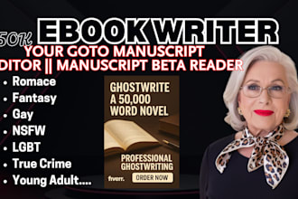 ghostwrite 50k word novel on fantasy romance, thriller, true crime, nsfw, horror