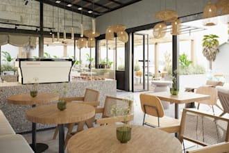 rebuild exterior cgi elevation rendering, cafe restaurant design, interior revit