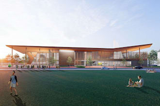 design a realistic 3d recreation center, leisure facility, sports complex visual