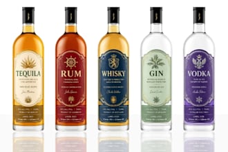 design a wine label, gin, vodka, whisky, brandy, tequila, beer and whiskey